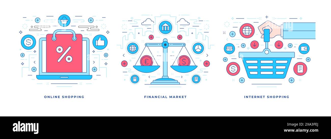 Set di illustrazioni vettoriali piatte banner a linee grafiche con icone progettate per lo shopping online e la promozione dei mercati finanziari. Temp. Design stile lineare Illustrazione Vettoriale
