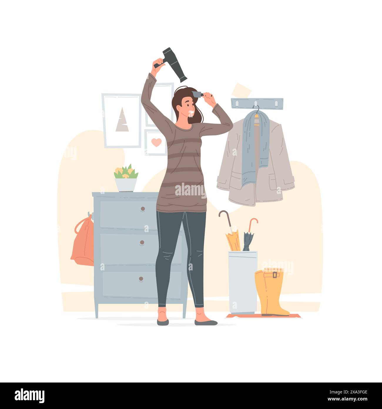 Illustrazione vettoriale di una donna positiva in abiti casual che asciugano i capelli con il pettine e l'asciugatrice stando in piedi vicino al mobile e appendiabiti nel corridoio su Illustrazione Vettoriale