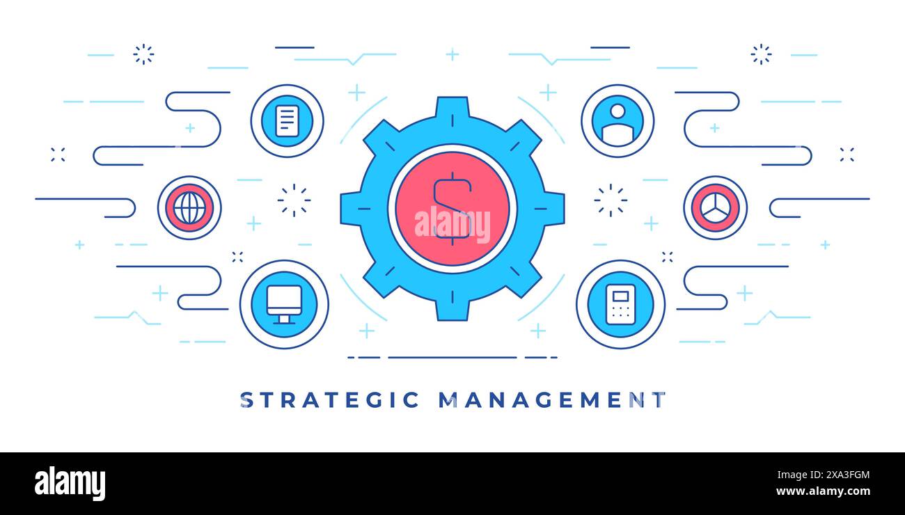 Illustrazione vettoriale di banner a linea piatta con accessori colorati con simbolo del denaro e icone progettate per campagne di marketing di gestione strategica. st. Lineare Illustrazione Vettoriale