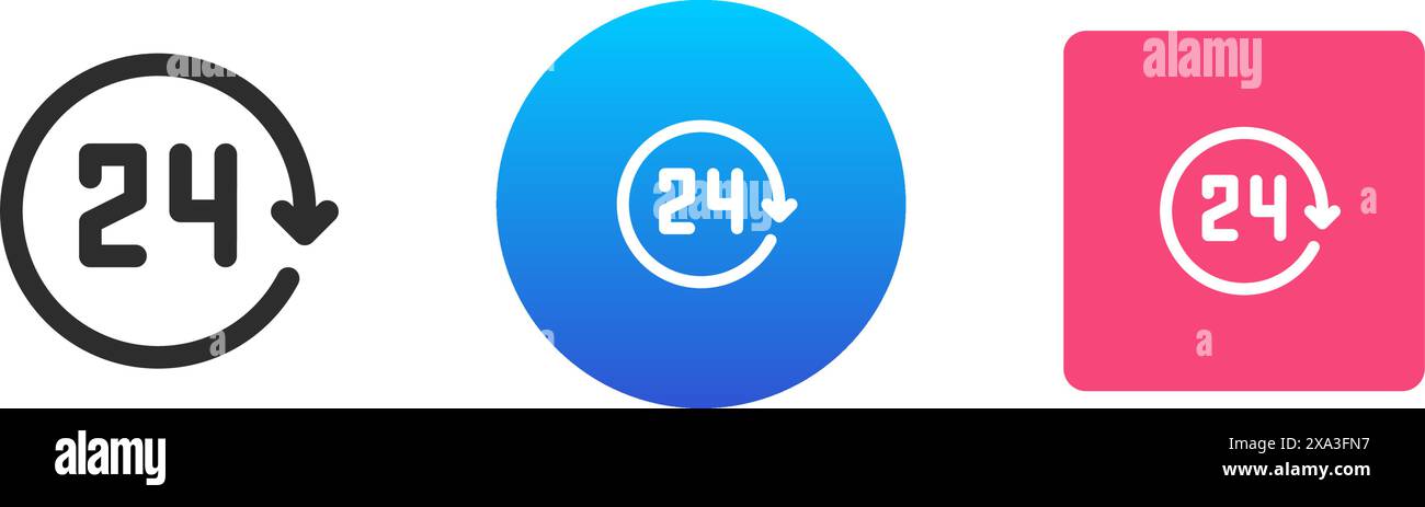 24 ore sempre disponibili, symbol shopping delivery helpdesk con icona a forma di freccia circolare imposta immagine piatta vettoriale. Assistenza per l'apertura commerciale Illustrazione Vettoriale