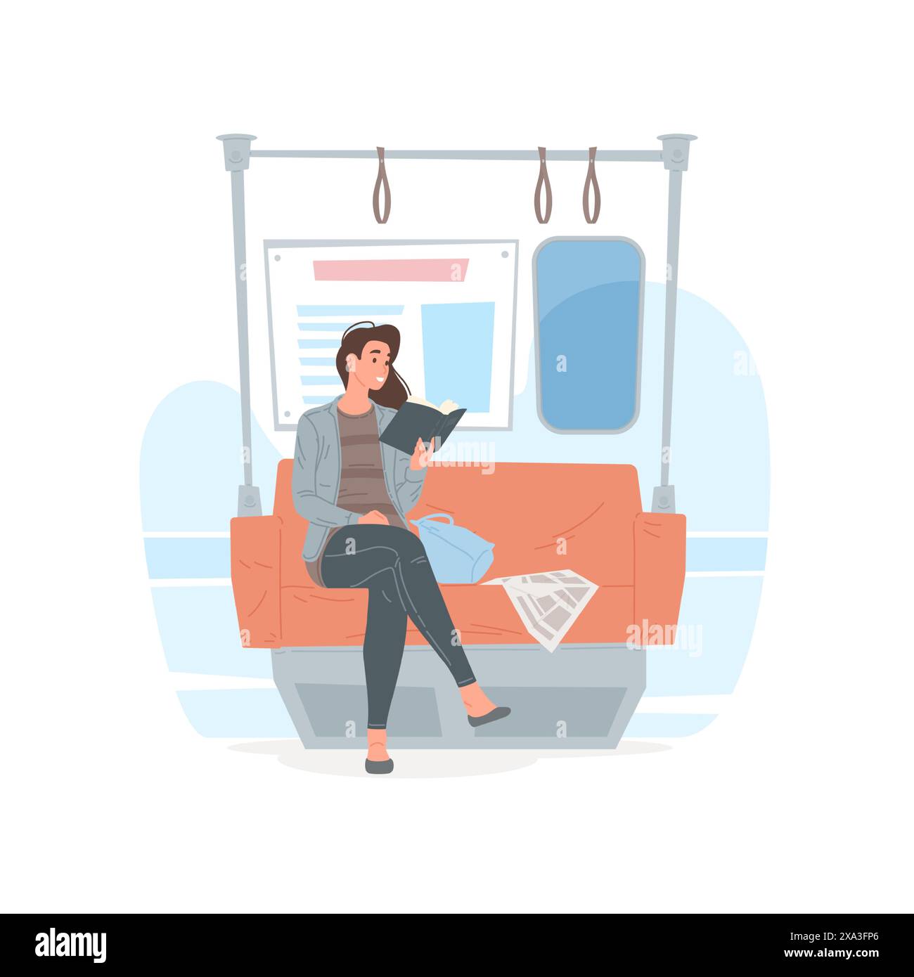 Illustrazione vettoriale di una giovane donna allegra seduta sulla panchina sotto il corrimano e libro di lettura mentre si guida un treno moderno in sottosuolo. Auto piatta Illustrazione Vettoriale