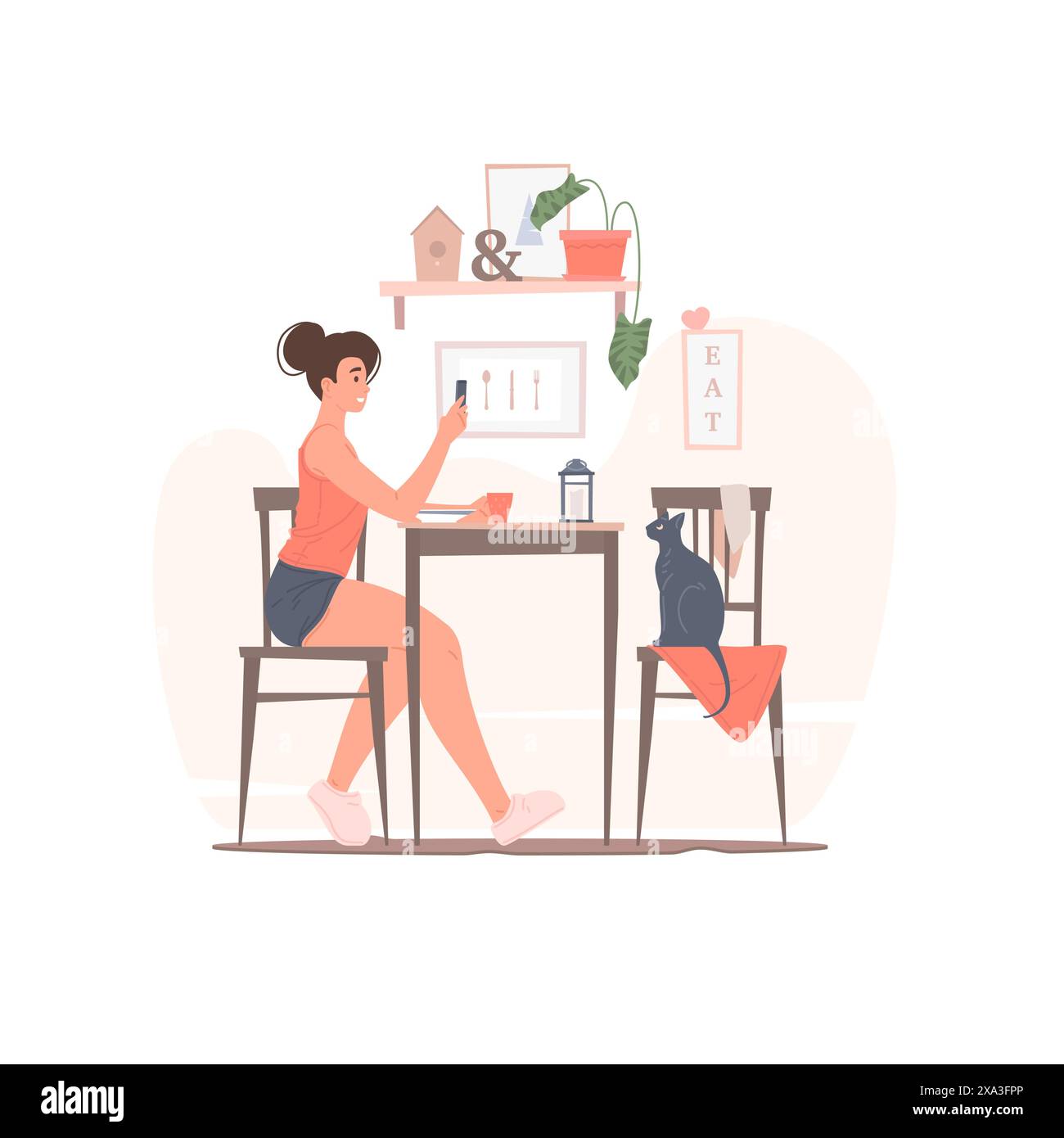 Donna con smartphone che fa colazione con illustrazione vettoriale di gatto. Donna moderna che si gode una bevanda calda e usa lo smartphone mentre si siede al tavolo A. Illustrazione Vettoriale