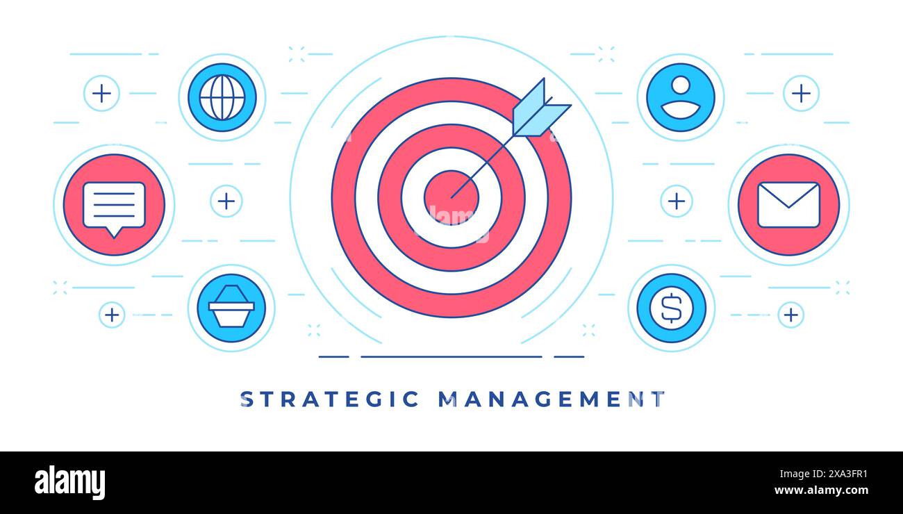 Illustrazione vettoriale del banner lineare piatto con icone grafiche intorno al target con freccia per il sito Web che promuove servizi di gestione strategica. Stile lineare Illustrazione Vettoriale