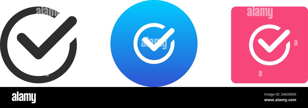 Segno di spunta approvato completato con successo icona di conferma del voto Imposta immagine piatta del vettore. Casella di controllo di alta qualità corretta segno di scelta segno di spunta di accettazione q Illustrazione Vettoriale