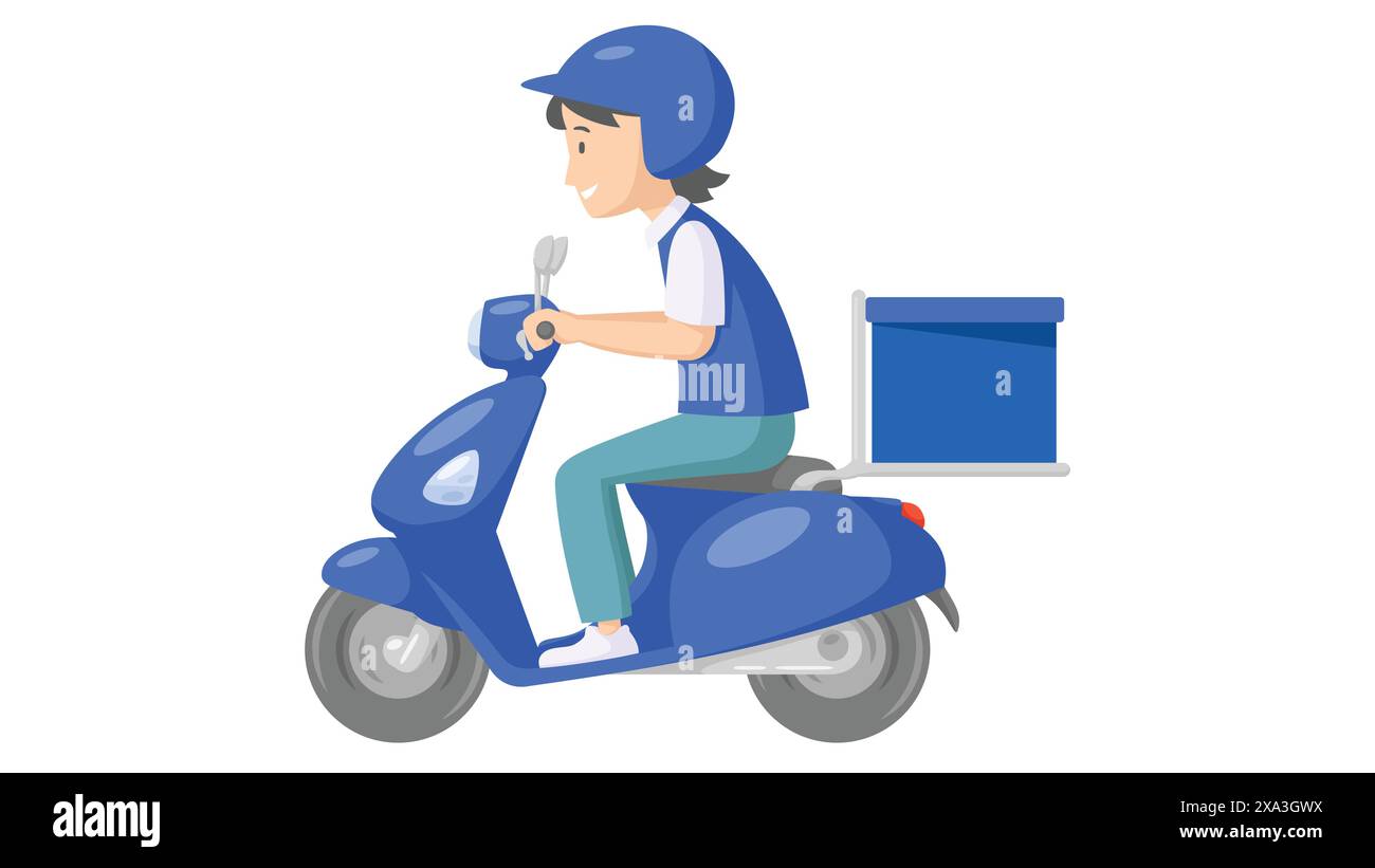 Scooter da trasporto con scatola di consegna in uniforme blu. concetto di servizio di consegna di medicinali e pacchi. illustrazione vettoriale Illustrazione Vettoriale