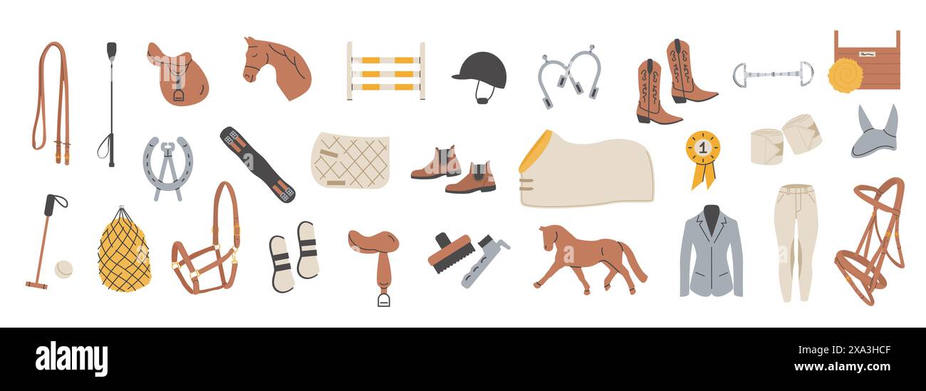 Set vettoriale con icone piatte colorate per l'equitazione. Illustrazioni di equipaggiamento equestre in stile moderno alla moda disegnato a mano. Cartelli per gli sport equini. Dressage, spettacolo Illustrazione Vettoriale