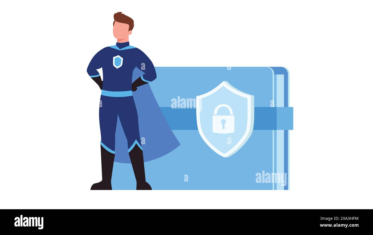 Eroe della sicurezza in piedi con il lucchetto in archivio. Concetto di sicurezza dei dati, illustrazione vettoriale Illustrazione Vettoriale