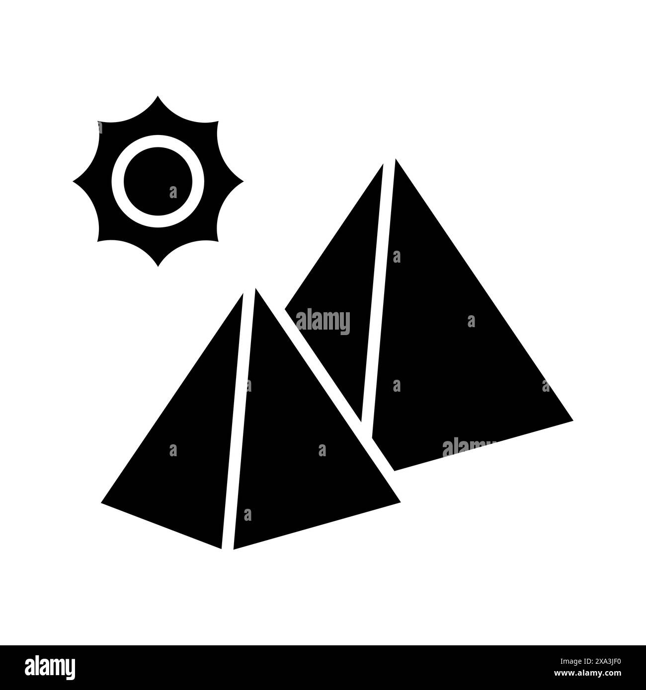 Icona delle piramidi. Due piramidi gialle, sole, contorno nero, antico Egitto, monumento storico, architettura, deserto, punto di riferimento, turismo. Illustrazione Vettoriale