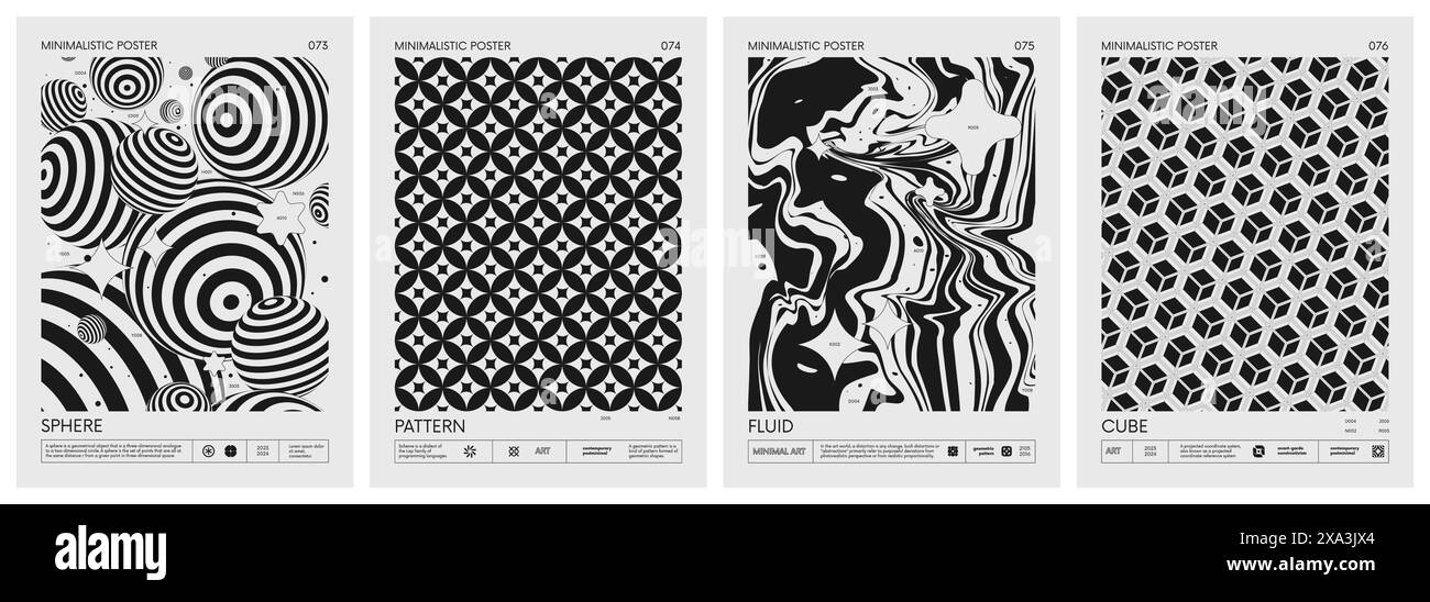 Manifesti minimalistici vettoriali geometrici moderni astratti con forme semplici in bianco e nero e silhouette di figure geometriche di base, composizione gra Illustrazione Vettoriale