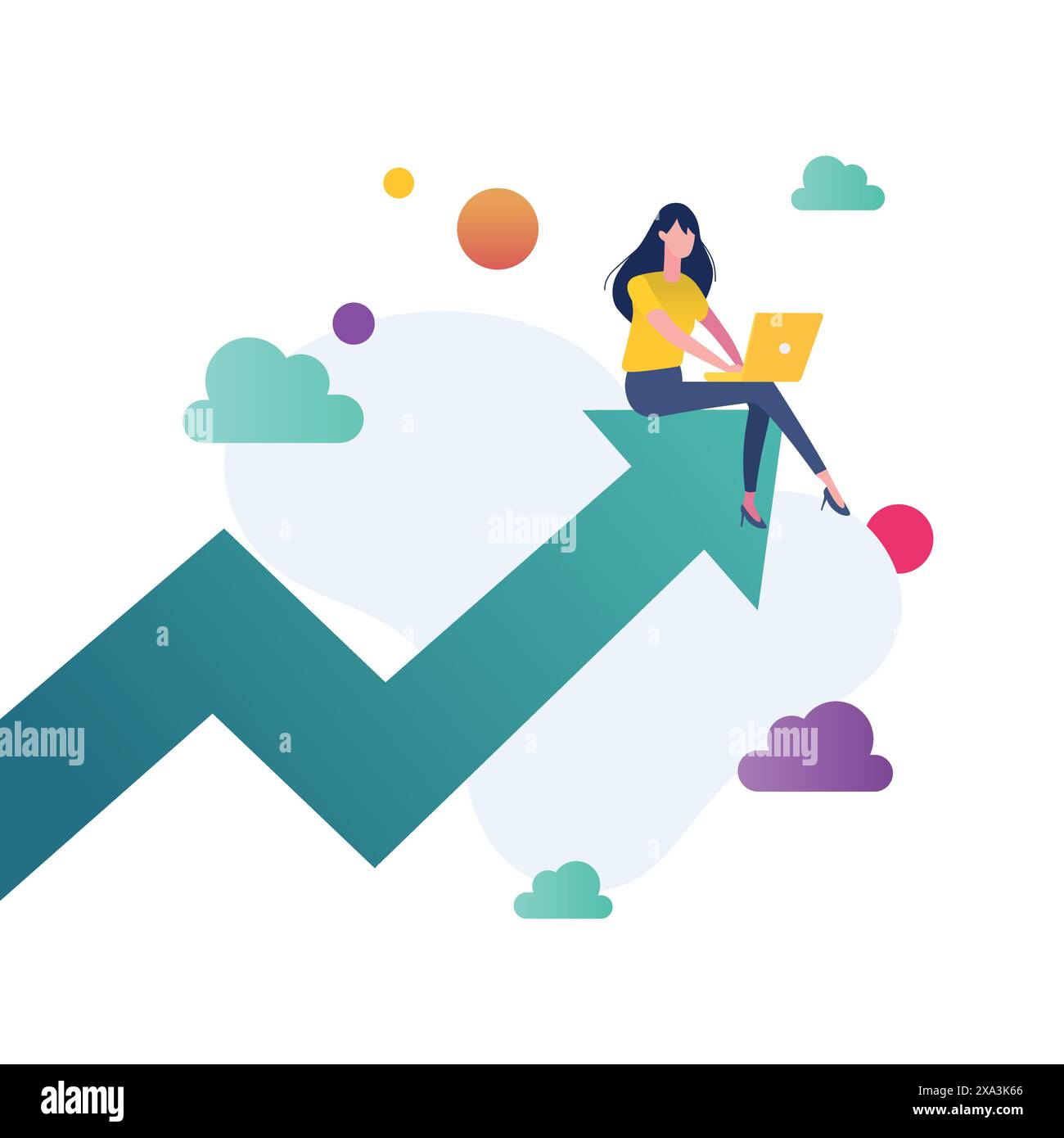 Donna seduta su un grafico in crescita e che lavora su un notebook. Concetto di crescita aziendale. Illustrazione vettoriale Illustrazione Vettoriale