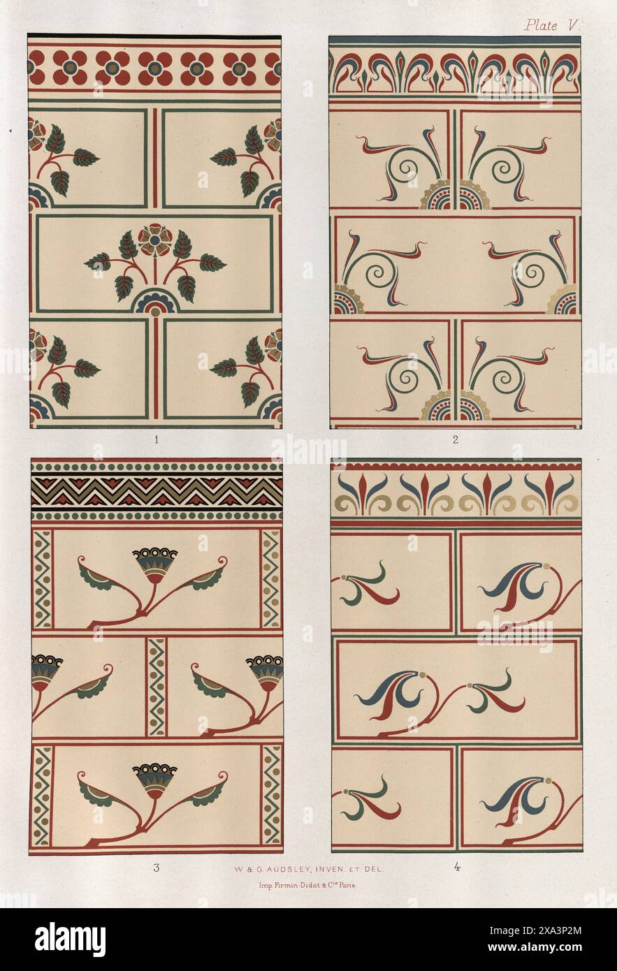 Elaborati motivi floreali, arte e design decorativi vittoriani, incisione, decorazione policromatica in stile medievale, W & G Audsley, piatto 5 Foto Stock