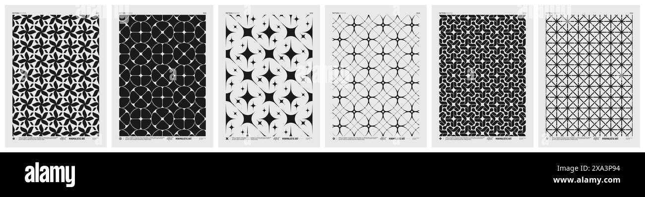 Poster minimalistici vettoriali astratti con motivo geometrico, texture ritmiche in bianco e nero ripetute, opere d'arte moderne creative con ripetizione tipica Illustrazione Vettoriale