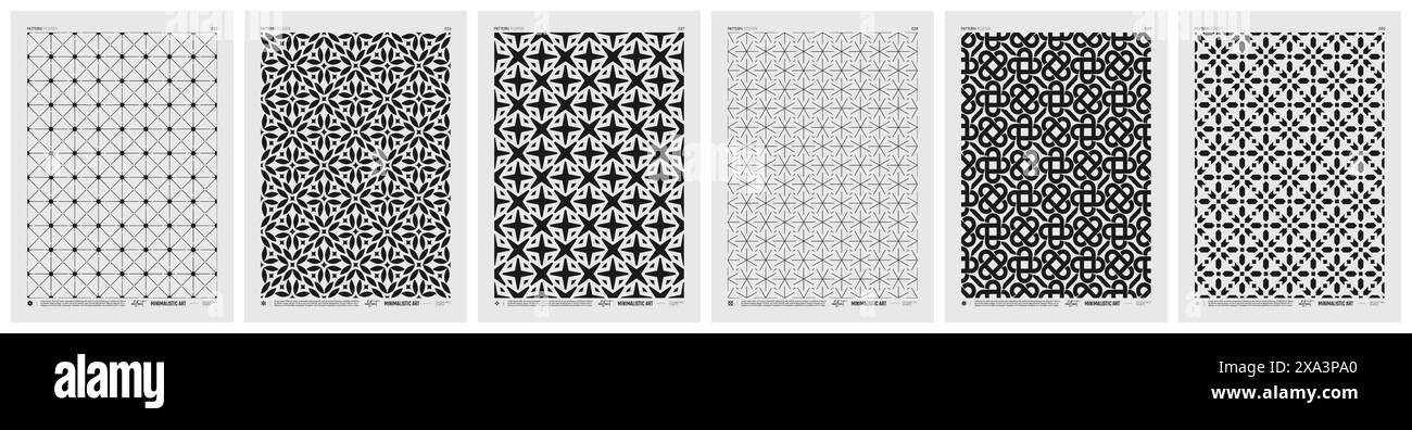 Poster minimalistici vettoriali astratti con motivo geometrico, texture ritmiche in bianco e nero ripetute, opere d'arte moderne creative con ripetizione tipica Illustrazione Vettoriale