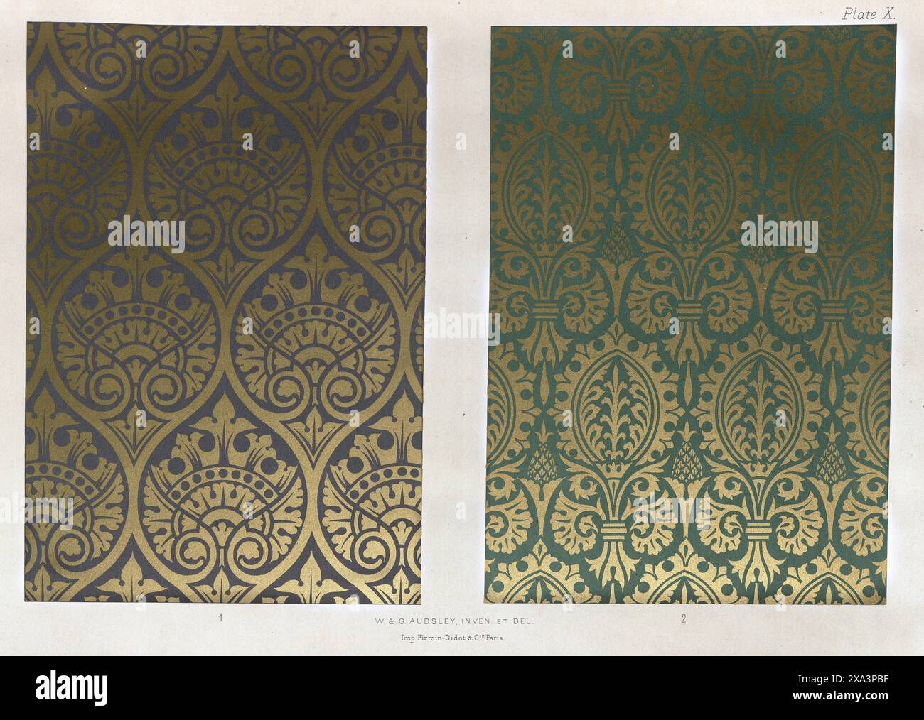 Elaborati motivi floreali, arte e design decorativi vittoriani, incisione, decorazione policromatica in stile medievale, W & G Audsley, piatto 10 Foto Stock