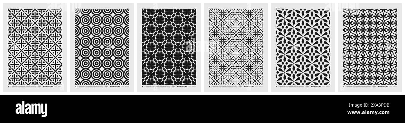 Poster minimalistici vettoriali astratti con motivo geometrico, texture ritmiche in bianco e nero ripetute, opere d'arte moderne creative con ripetizione tipica Illustrazione Vettoriale