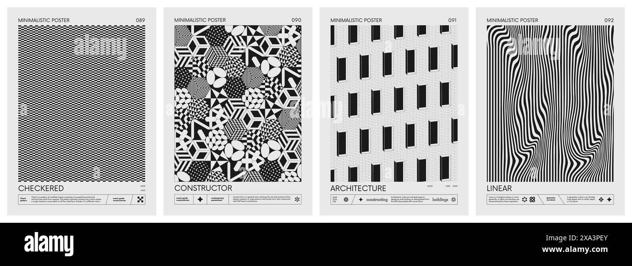 Manifesti minimalistici vettoriali geometrici moderni astratti con forme semplici in bianco e nero e silhouette di figure geometriche di base, composizione gra Illustrazione Vettoriale