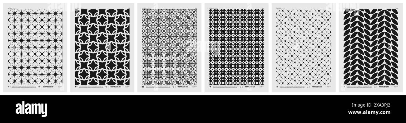 Poster minimalistici vettoriali astratti con motivo geometrico, texture ritmiche in bianco e nero ripetute, opere d'arte moderne creative con ripetizione tipica Illustrazione Vettoriale