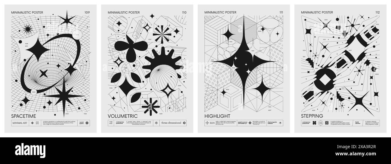 I futuristici poster minimalistici con strani wireframe 3d formano una grafica di forme geometriche Design moderno ispirato al brutalismo e alla sil Illustrazione Vettoriale