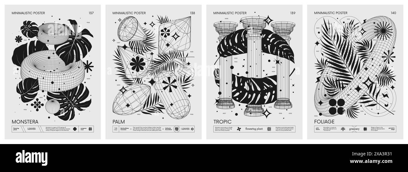 Poster minimalistici futuristici con strani wireframe 3d forme geometriche e foglie esotiche, piante tropicali, opere d'arte con silhouette Illustrazione Vettoriale