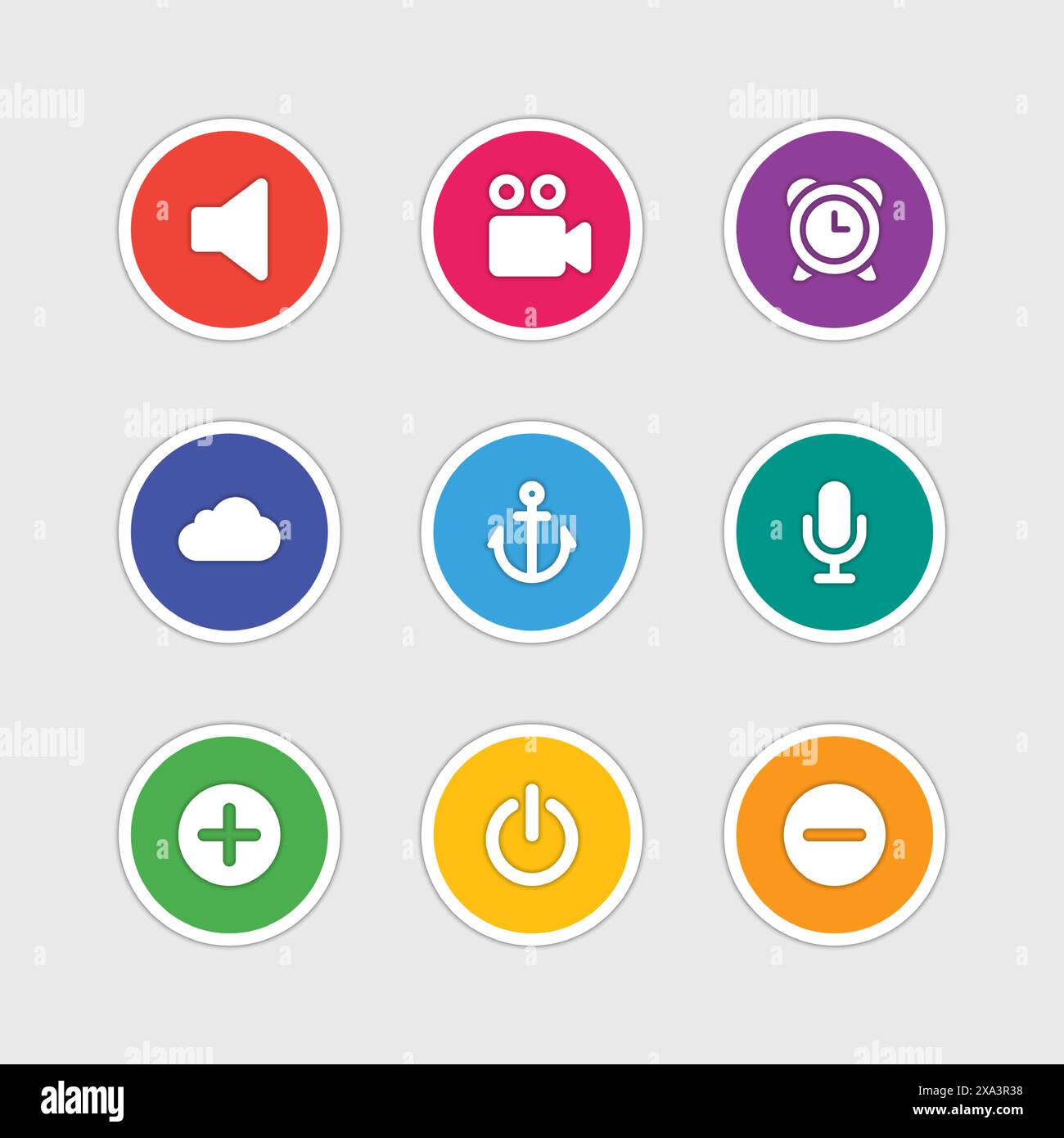 Icone di stile di progettazione del materiale segno vettoriale e simboli volume, cloud computing, videocamera, orologio, ancoraggio, microfono, alimentazione. Elementi per il sito web, il web Illustrazione Vettoriale