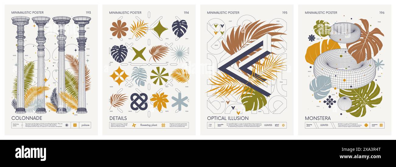 Poster minimalistici dal colore geometrico vettoriale moderno con forme semplici, foglie esotiche, piante tropicali, opere d'arte con grafica astratta Illustrazione Vettoriale
