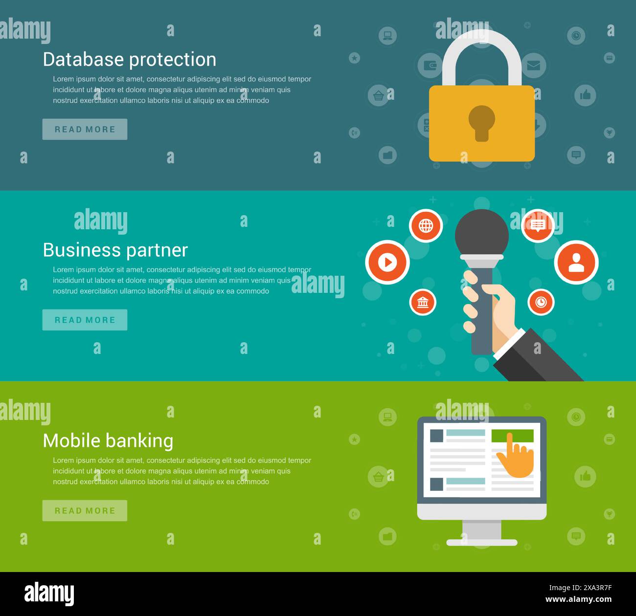 Intestazioni di siti Web o banner promozionali modelli e design di icone piatte. Blocco di protezione del database, microfono portatile per colloquio, moni Mobile Banking Illustrazione Vettoriale