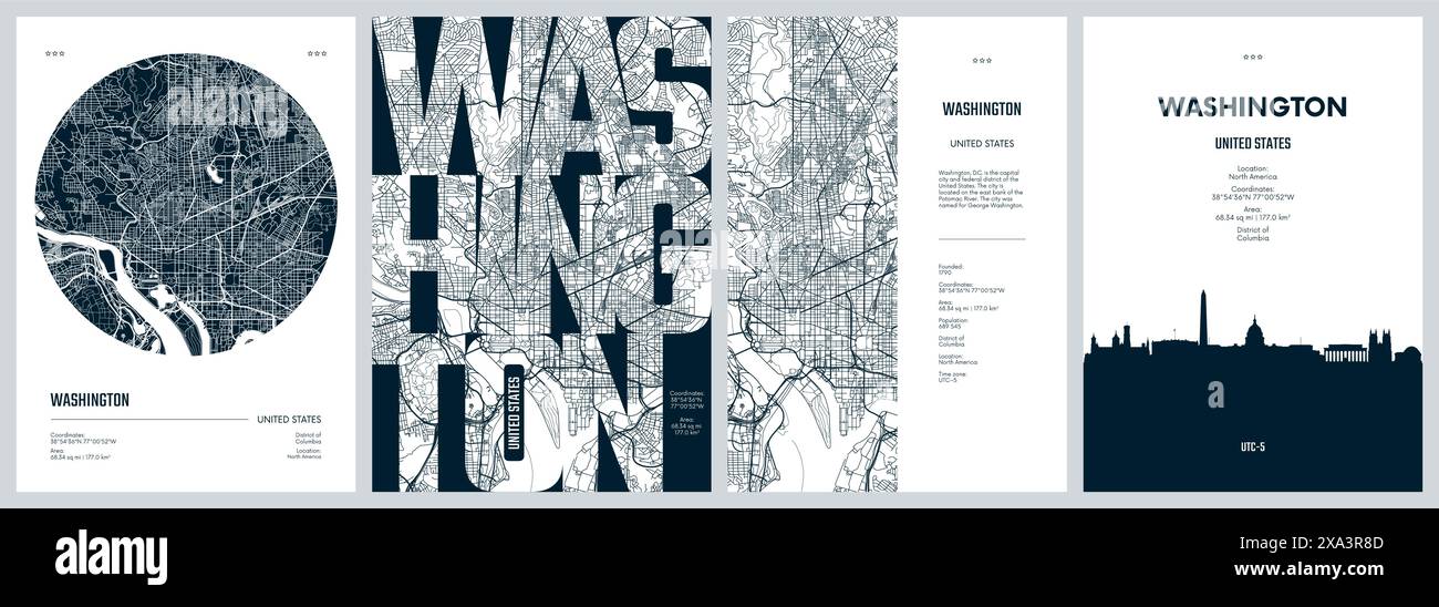Serie di poster di viaggio con Washington, mappa dettagliata della città, sagoma dello skyline della città, grafica vettoriale Illustrazione Vettoriale