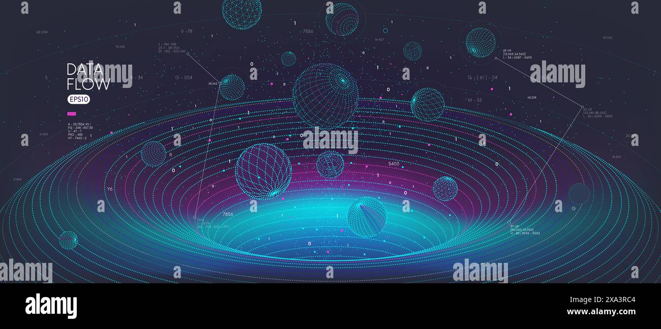 Flusso di big data ad alta velocità, elaborazione delle informazioni nel tunnel del database, analisi e statistiche innovative di dati codificati, geomet 3d strutturale del cyberspazio Illustrazione Vettoriale