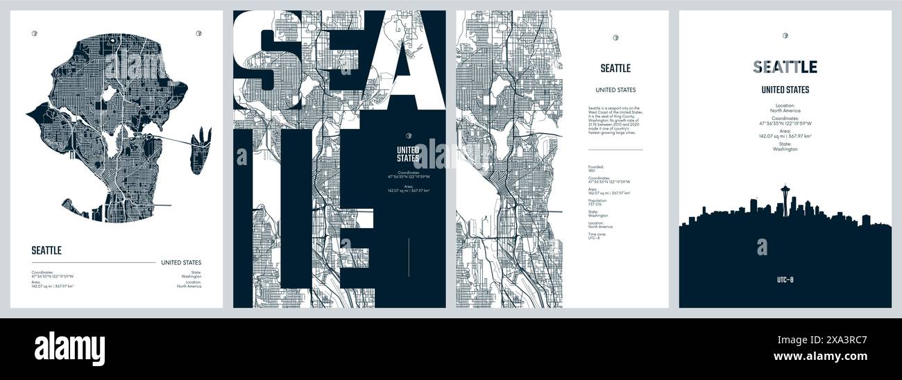Serie di poster di viaggio con Seattle, mappa dettagliata della città, sagoma dello skyline della città, grafica vettoriale Illustrazione Vettoriale