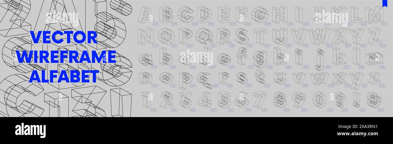 Raccolta di lettere e numeri minuscoli e maiuscoli, wireframe geometrici 3d sans serif font bulk, set di alfabeti isometrici ispirati a Illustrazione Vettoriale