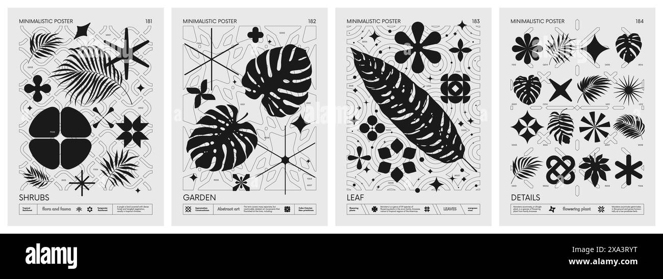 Poster minimalistici vettoriali geometrici moderni con forme semplici, foglie esotiche, piante tropicali, opere d'arte con elementi grafici astratti di silhouette Illustrazione Vettoriale