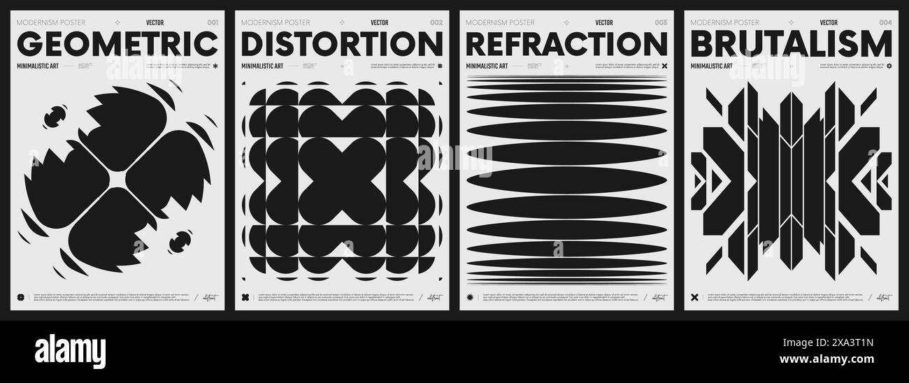 Moderna collezione di poster astratti, poster minimalisti vettoriali con forme geometriche in bianco e nero, grafica ispirata allo stile brutalista, audace estetica Illustrazione Vettoriale