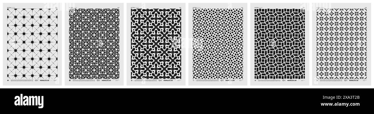 Poster minimalistici vettoriali astratti con motivo geometrico, texture ritmiche in bianco e nero ripetute, opere d'arte moderne creative con ripetizione tipica Illustrazione Vettoriale