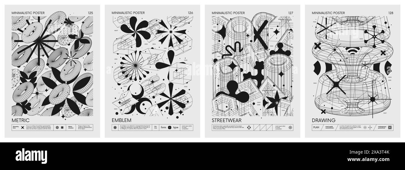 I futuristici poster minimalistici con strani wireframe 3d formano una grafica di forme geometriche Design moderno ispirato al brutalismo e alla sil Illustrazione Vettoriale