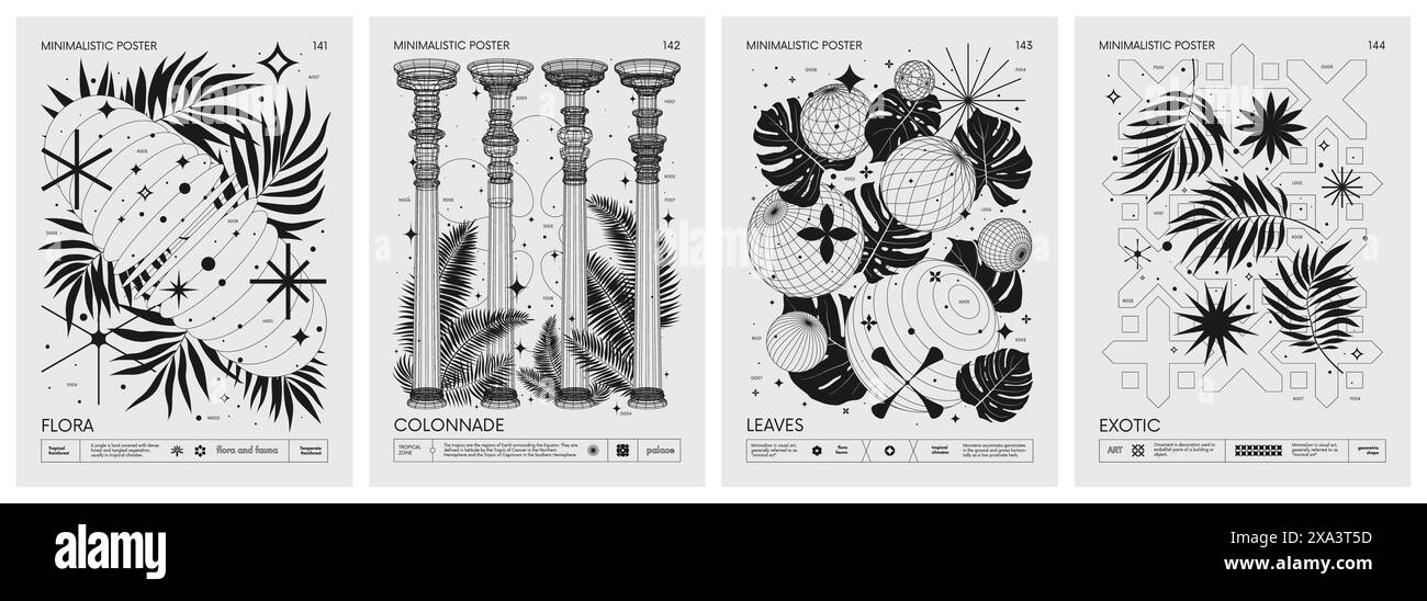 Poster minimalistici futuristici con strani wireframe 3d forme geometriche e foglie esotiche, piante tropicali, opere d'arte con silhouette Illustrazione Vettoriale