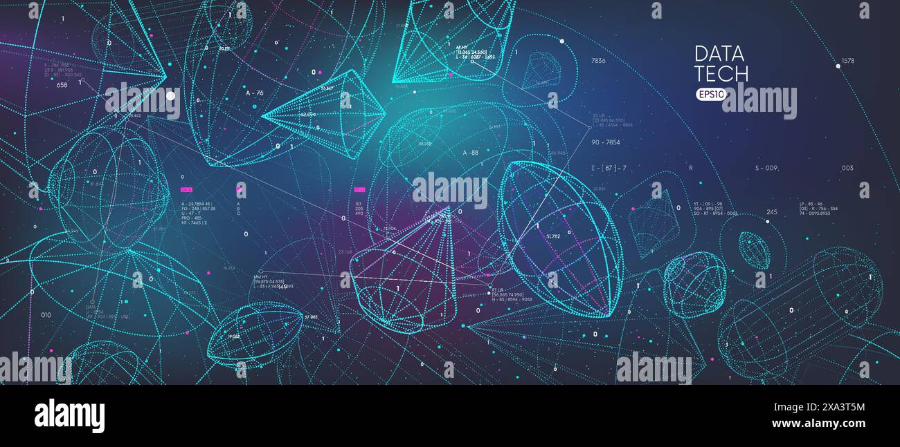 Ordinamento e analisi di banche dati digitali, visualizzazione di big data sotto forma di vari wireframe 3d, ciberspazio concettuale della rete globale, Illustrazione Vettoriale