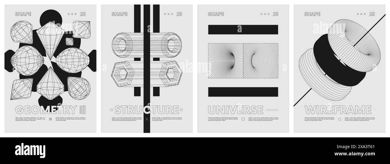 Insoliti strani wireframe, set di poster anti-design ispirati al brutalismo, forma la composizione psichedelica nello stile alla moda Y2K, figure geometriche Illustrazione Vettoriale