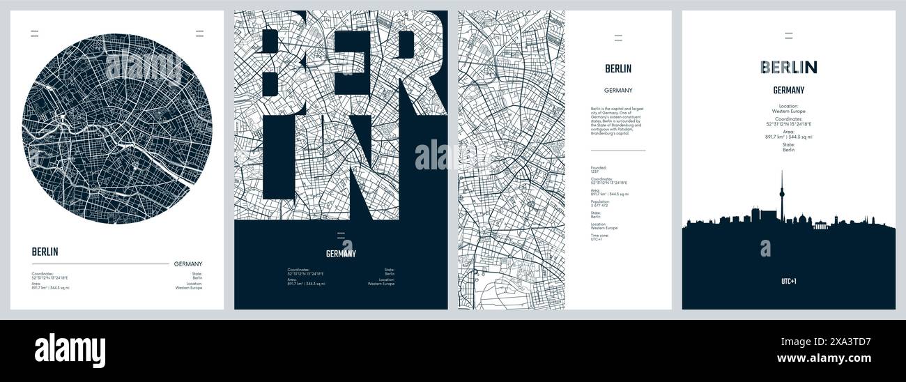 Serie di poster di viaggio con Berlino, mappa dettagliata della città, sagoma dello skyline della città, opere d'arte vettoriali Illustrazione Vettoriale