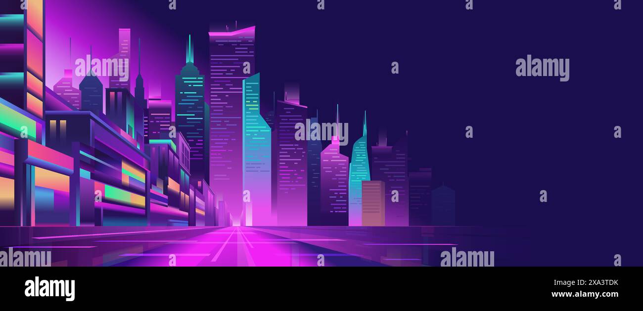 Strada notturna della grande città con luci al neon blu e viola, vista prospettica, skyline panoramico di case e grattacieli, urba illuminata vettoriale Illustrazione Vettoriale