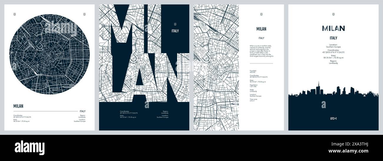 Serie di poster di viaggio con Milano, mappa dettagliata della città, sagoma dello skyline della città, grafica vettoriale Illustrazione Vettoriale