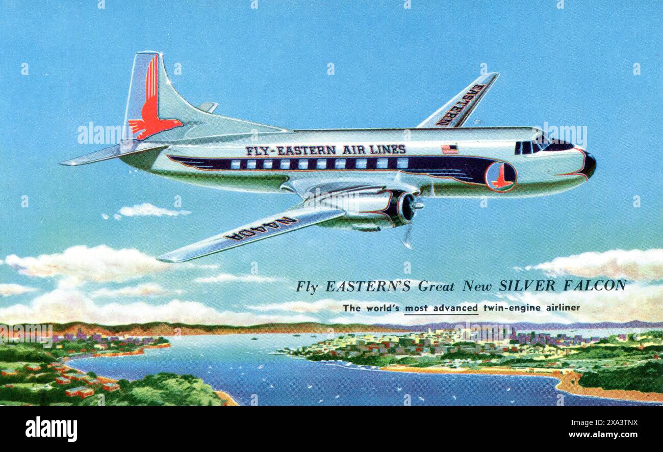Una cartolina promozionale del 1950 della Eastern Airlines che promuoveva i loro nuovi velivoli pressurizzati Martin 4-0-4 da loro denominati Silver Falcon o Falcons. La tariffa postale nazionale del 1951 era di 4c per la posta aerea e di 2c per la posta ordinaria Foto Stock