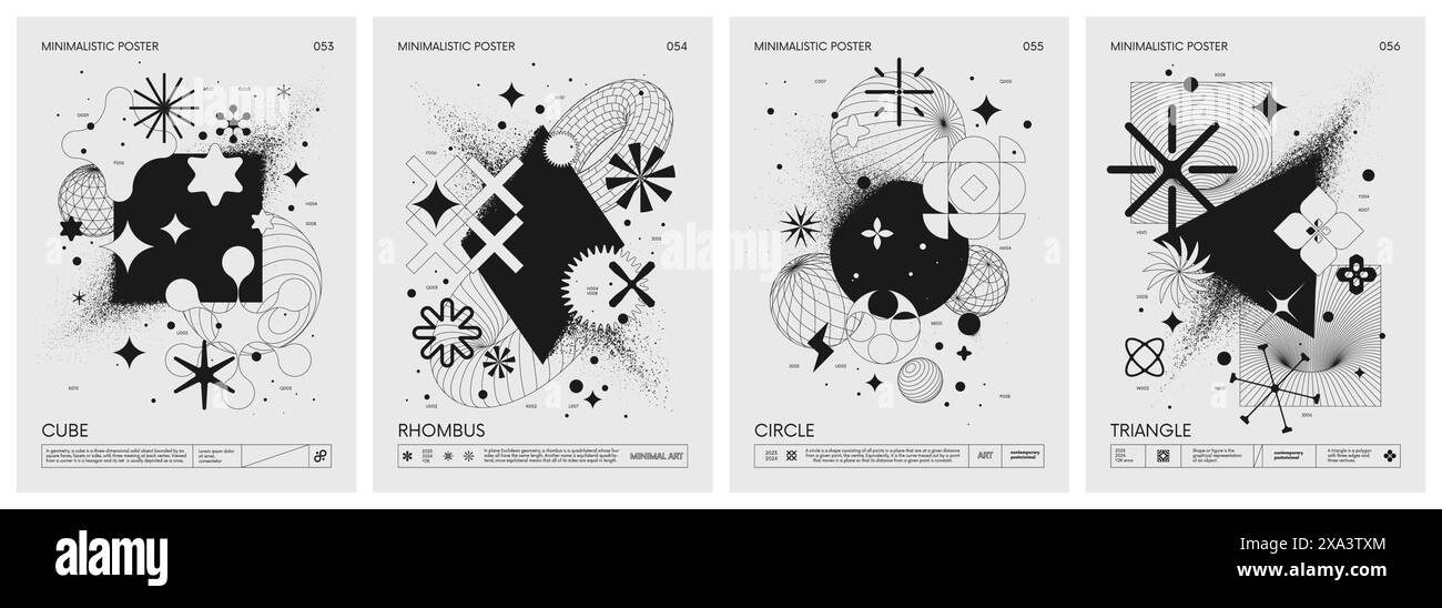 Futuristici poster minimalistici con forme geometriche si dissolvono in polvere e strani wireframe figure grafiche, design moderno ispirato Illustrazione Vettoriale