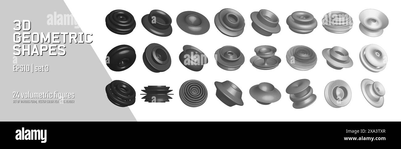 Elementi grafici geometrici astratti vettoriali di rendering 3D per la progettazione, raccolta di varie forme volumetriche realistiche, forme ispirate al brutalismo, col Illustrazione Vettoriale