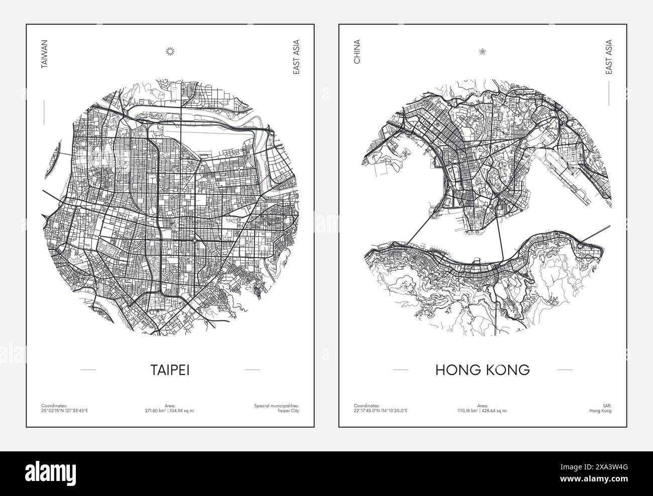 Poster di viaggio, mappa urbana della città Taipei e Hong Kong, illustrazione vettoriale Illustrazione Vettoriale