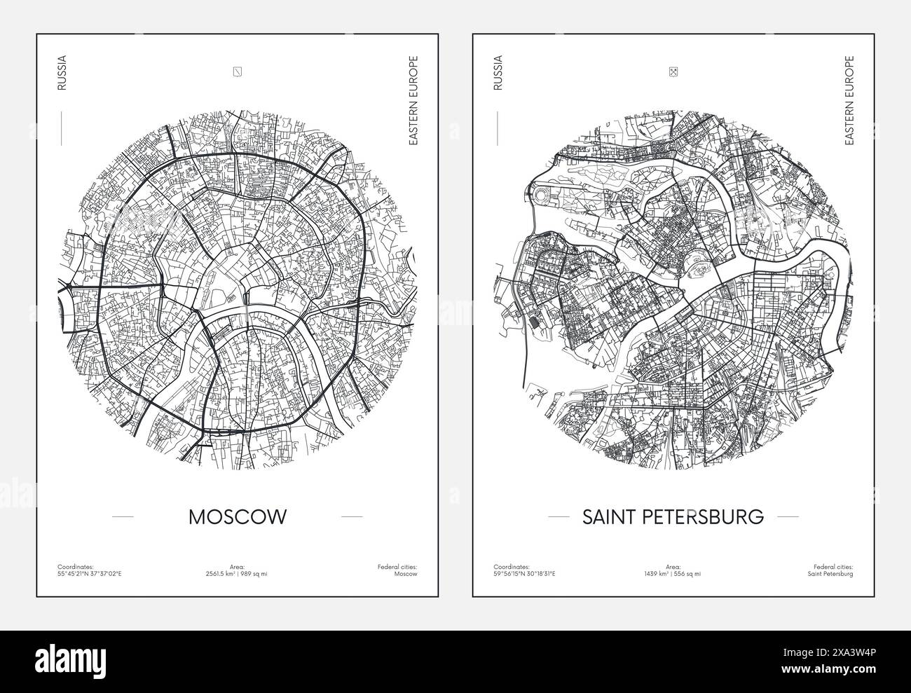 Poster di viaggio, piano stradale urbano mappa della città Mosca e San Pietroburgo, illustrazione vettoriale Illustrazione Vettoriale