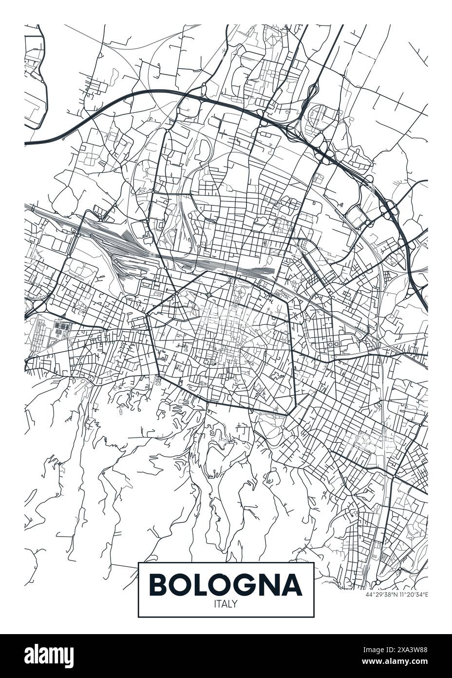 Mappa della città Bologna, pianificazione urbanistica, poster vettoriale di viaggio Illustrazione Vettoriale