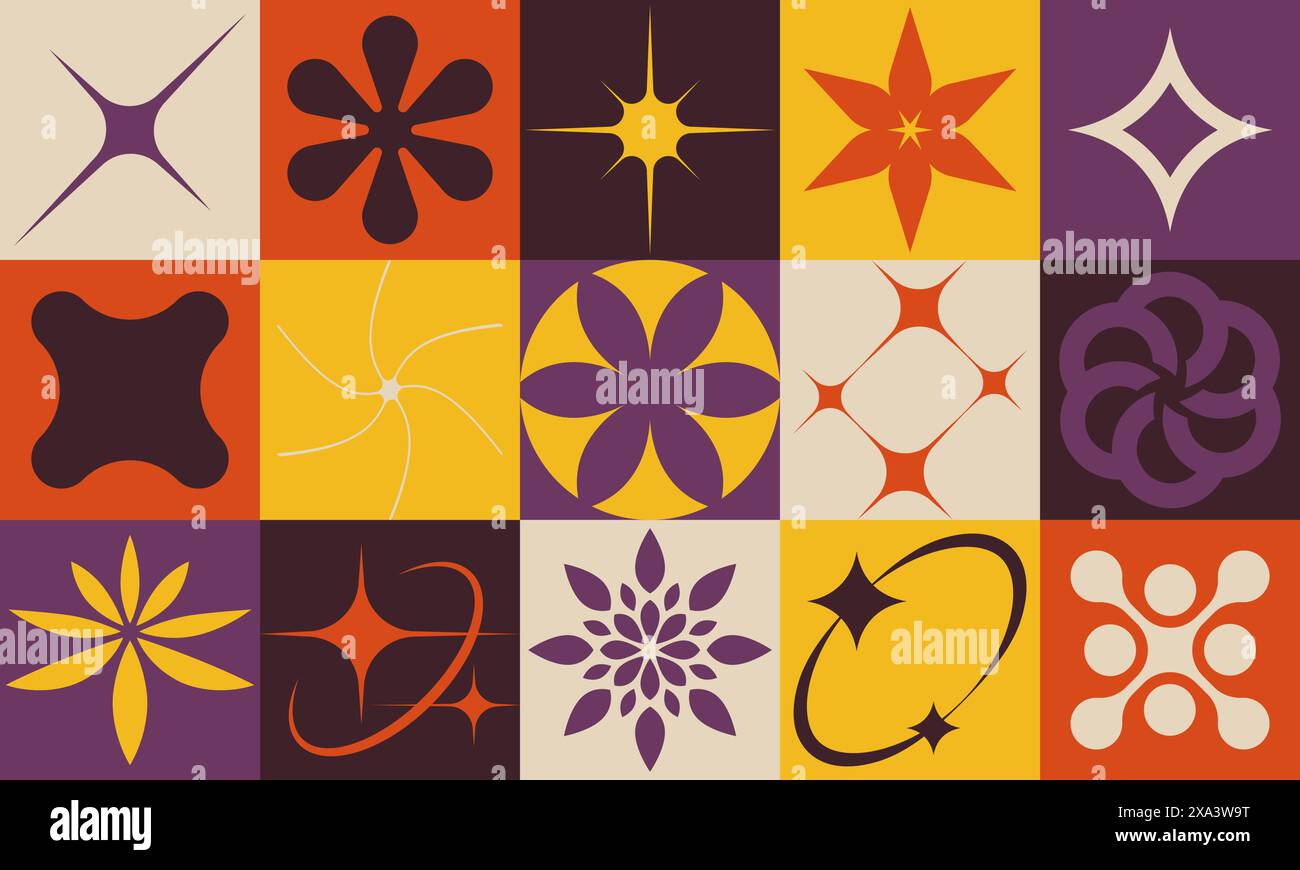 Brutalismo geometrico astratto design pattern vettoriale realizzato con forme e forme diverse semplici, composizione grafica di elementi grafici audaci, utile Illustrazione Vettoriale