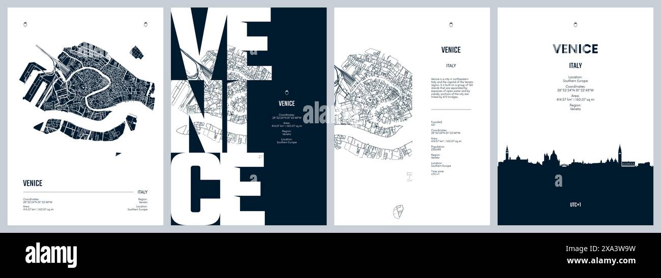 Serie di poster di viaggio con Venezia, mappa dettagliata della città, sagoma dello skyline della città, opere d'arte vettoriali Illustrazione Vettoriale