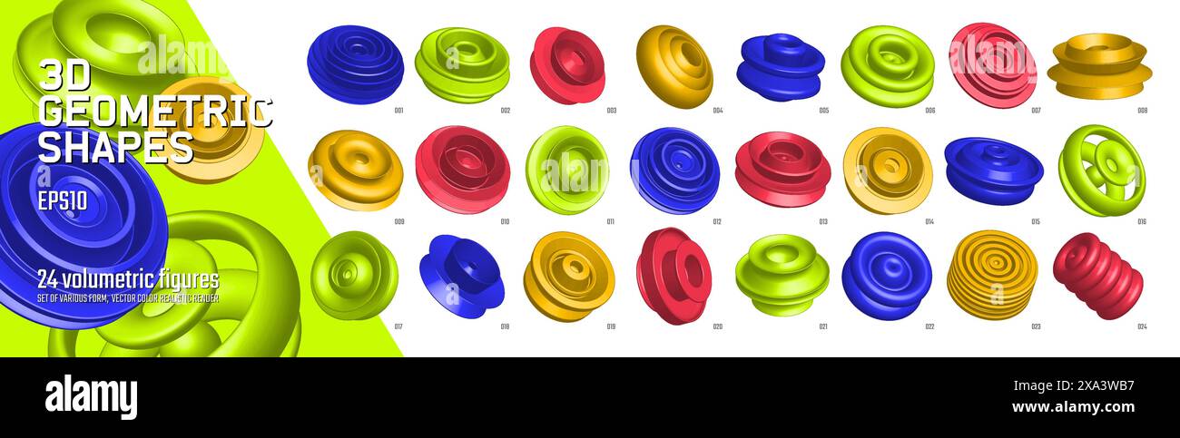 Elementi grafici geometrici astratti vettoriali di rendering 3D per la progettazione, raccolta di varie forme volumetriche realistiche, forme ispirate al brutalismo, col Illustrazione Vettoriale