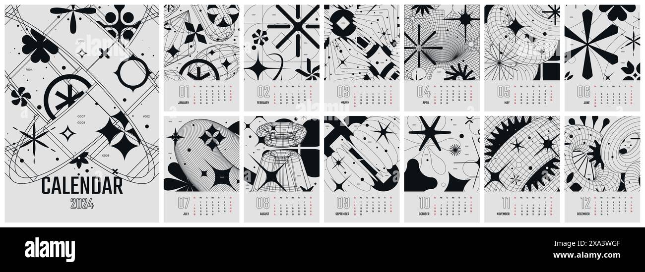 Calendario monocromatico vettoriale mensile 2024 con inizio settimana domenica, 12 pagine in stile brutale e acido, lavoro o pianificazione aziendale con Y2K illustr Illustrazione Vettoriale